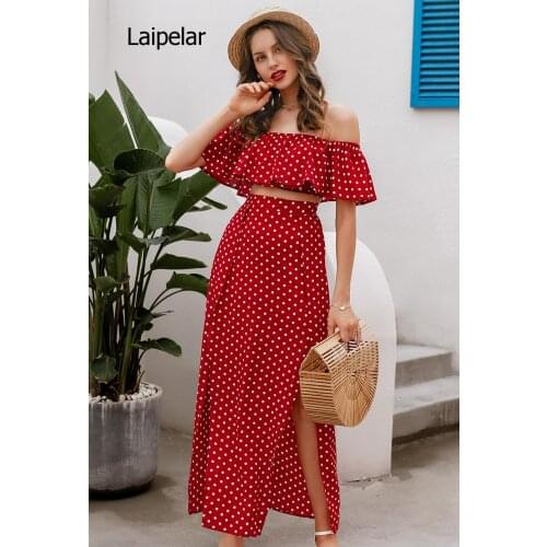 Women Off Shoulder Red Vintage Dot Long Dress Summer Maxi Dress Chiffon Ruffle Sexy Beach Dresses Vestidos