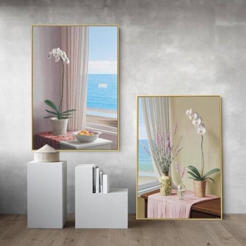 Beach Landscape Sea Waves Window Potted Canvas Painting Wall Picture Printing Poster For Living Room Background Home Decoration