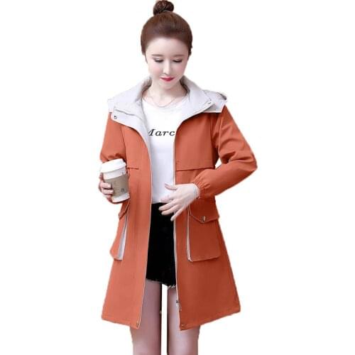 Womens Trench Coat Female Windbreaker Mid-Long Large Size Hooded Coats Spring Autumn Pocket Casual Coat Outwear Tooling W153