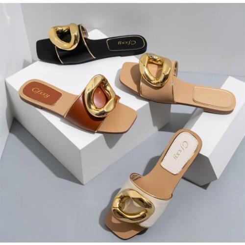 2021 Summer Fashion Women Sandals with gold buckle Slippers Woman High Quality Non-slip Wearable sandals Ladies flat Beach shoes