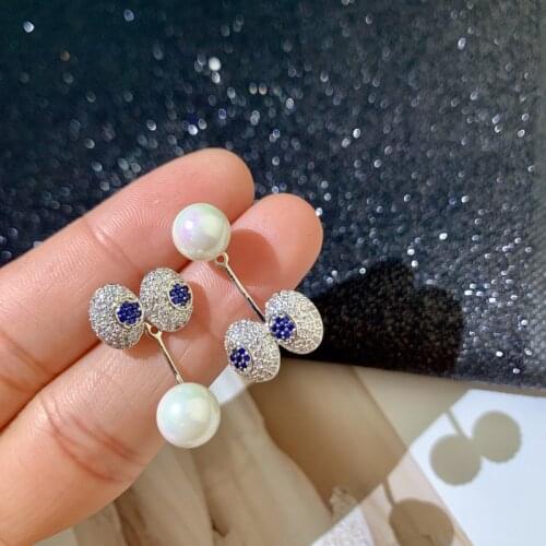 S925 Silver Ear Post Funny Cartoon Eye Earrings Blue Zircon Double Side Pearl Stud Earrings For Women INS Jewelry
