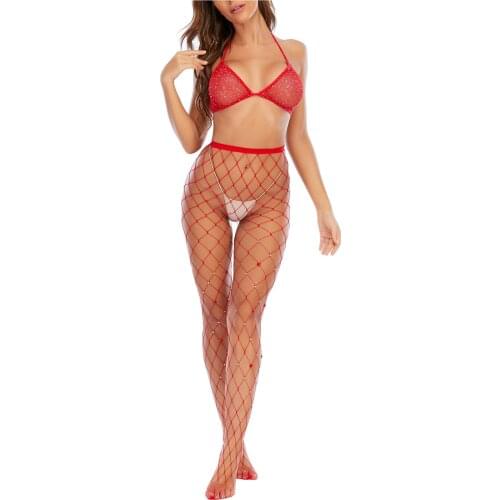 2021 Summer New Arrival Women Sequin Black Mesh Underwear Lace Hollow Out Inlaid Diamond Lingerie Set