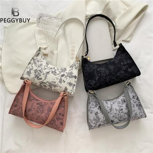 2021 Fashion Women PU Leather Underarm Bag Ladies Graffiti Pattern Print Small Purse Solid Color Pleated Tote Bag