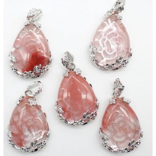 6pcs/lot Natural cherry quartz Stone Crystal alloy water drop Beads pendants DIY for Handmade Necklace Lucky Healing Jewelry