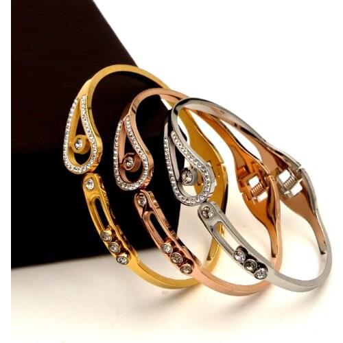 Fashion Stainless Steel Better Three Moving Crystal Round Spring Charm Bangle Bracelet Rose Gold Color Female Woman Gift