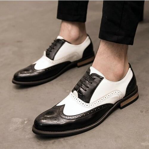 Genuine Leather Shoes for Men Carved Brogue Shoes Retro Color Matching Banquet Shoes Pointed Toe Lace-up Shoes Zapatos De Hombre