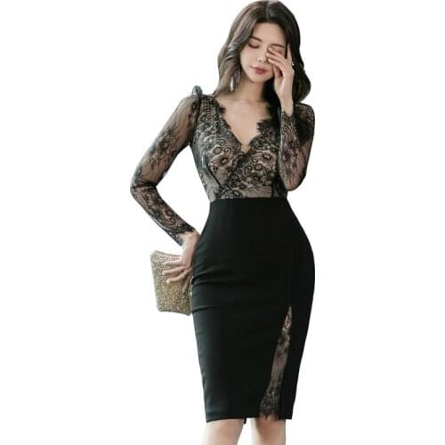 Black Lace Patchwork Sexy Dresses Woman Party Night Long Sleeve Vneck Tight Wrap Ladies Dresses Sheer Sexy Club Dress Women Robe