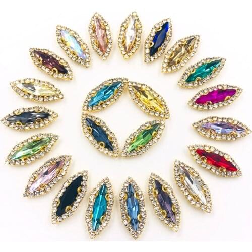 Leaf shape Super Flash Crystal button gold base setting glass sew on flatback rhinestones for clothing decorations