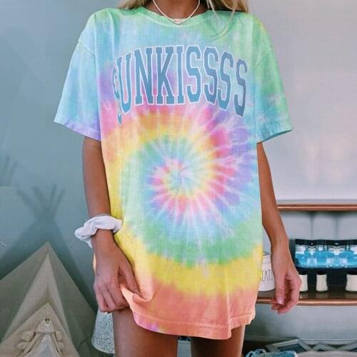 Tie Dye Letter Print Oversized T Shirt Streetwear Women Top O Neck Short Sleeve Casual Fashion Tshirt Clothing Women Summer 2021