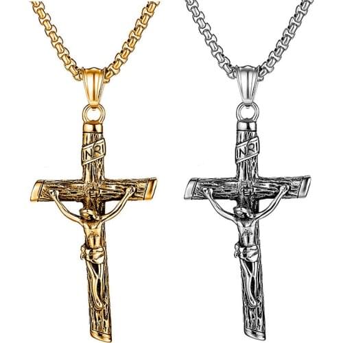 HNSP Punk Jesus Cross Pendant Chain Necklace For Men Male Gold Silver Color Hip hop rock gothic style