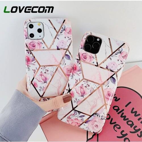 LOVECOM Phone Case For iPhone 12 Mini 11 Pro Max XR XS Max 7 8 Plus Electroplated Geometric Pink Flower Soft Back Cover Coque