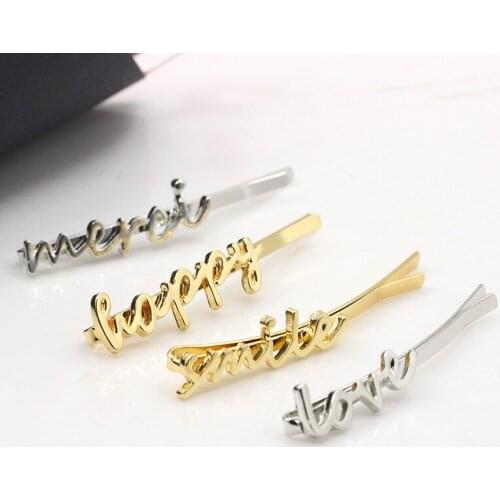 Metallic Words "Smile Happy Merci Love" Golden Silver Plated Hair Clips and Pins Hairgrips Barrettes for Women Hair Jewelry
