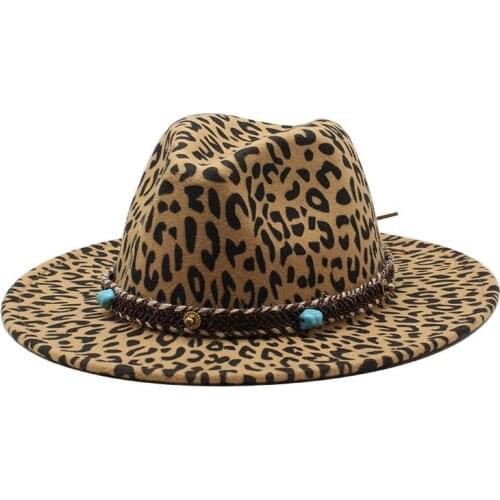 Unisex Fashion European Style Womens Wool Fedora Hats With Turquoise Leather Band Wide Brim Leopard Print Jazz Felt Hat