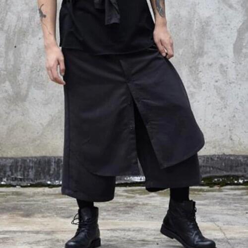 Mens pants summer wide-leg pants slacks mens faux two-piece shorts culottes Black hip-hop Gothic punk Yamamoto style