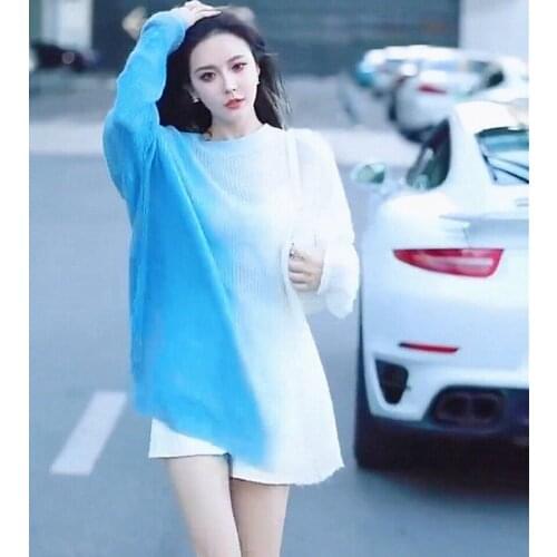 New Vintage Gradient Sweater Autumn Womens Long-Sleeved Mid-Length Knitwear Contrast Color Patchwork Loose Knit Pullover Tops