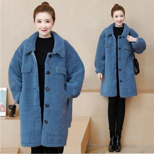 Autumn winter outwear Imitate lambskin mid-length Thicken plus size Single-breasted casual loose long-sleeved warm overcoat D62