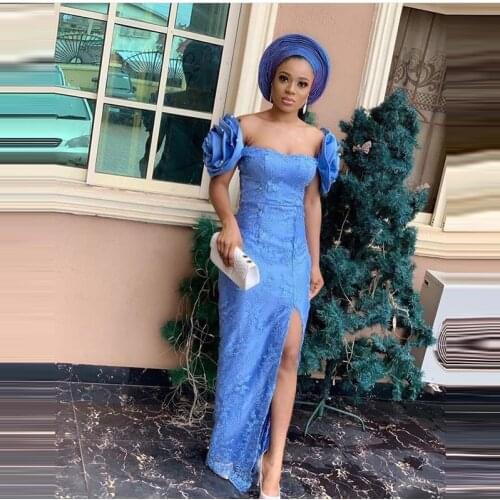 Sexy Slit Prom Dresses Elegant Off Shoulder Formal Dress Beads Lace Applique Evening dress Long Party Gowns Arabic Aso Ebi