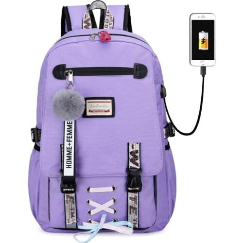 Teenage Large USB Printing Student Big School Bags Girls Bookbags Fashion Ribbon Bow Girls boys Schoolbag Backpack 4 color