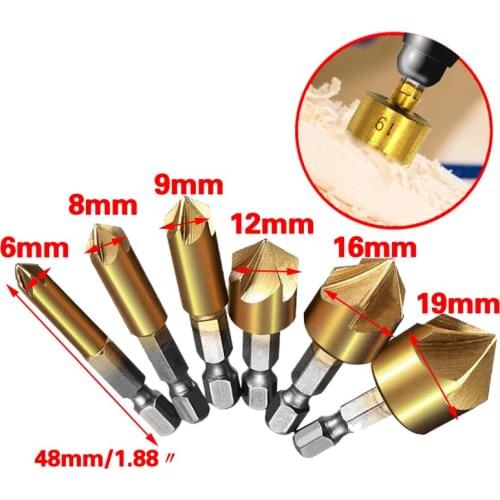 Countersink Chamfer Drill Bit 6mm-19mm Hex Shank Titanium Plated HSS Drill Bit Set Woodwork 5 Flute 90 Degree Wood tools