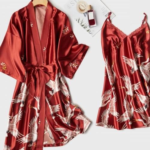 Loose Nightwear Satin Sexy 2PCS Robe Set Women Kimono Bathrobe Gown Sleepwear Print Crane Intimate Lingerie 2021 New Nightgown