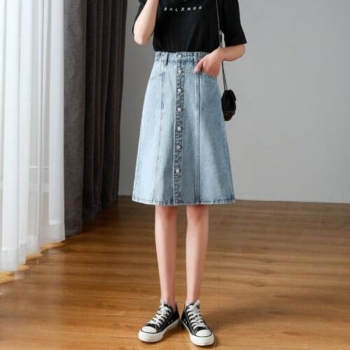 New Fashion Single Breasted Knee Length Denim Elastic Waist Skirt Women Casual Pocket Straight Jeans Skirt Large Size 8XL