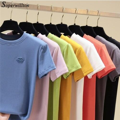 Lip Embroider Female T Shirt Short Sleeve 2020 Summer Cotton Tshirt Ladies Shirts Slim Fit Woman T-Shirt Fashion Tops 8 Color