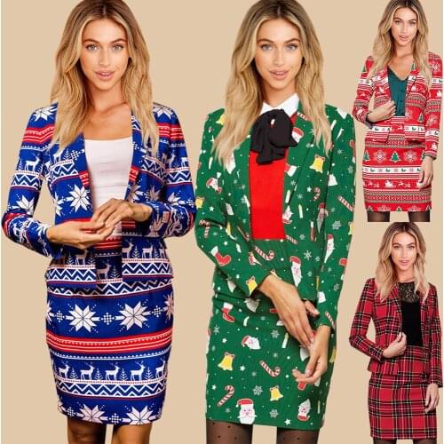 Ladies Blazer And Skirt Set Womens Suit 2 Piece Set Christmas New Year Print Casual Blazers Korean Style Ropa Oficina Mujer