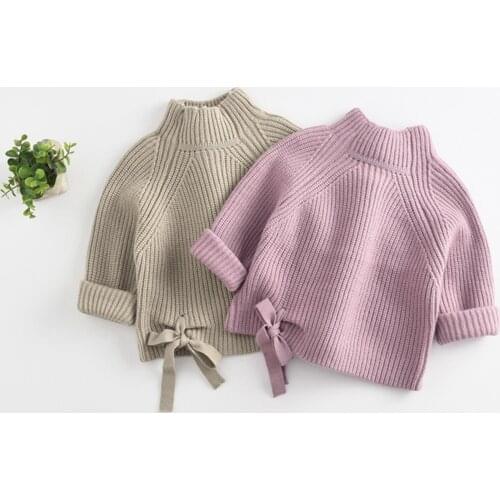 2021 1-6Y Sweet Kids Baby Girls Sweaters Top Solid Color Turtleneck Bow Slit Back Long Sleeve Knit Pullovers Winter Fall Outwear