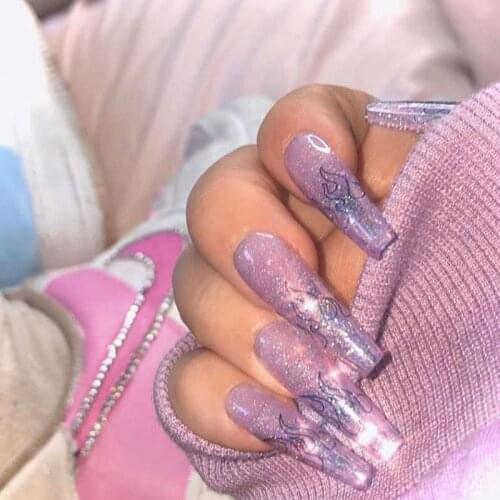 24pcs/Set European Purple Glitter Fake Nails Extra Long Black Fire Pattern Coffin Shaped Acrylic Full Ballerina Press on Nails