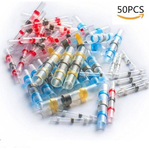50Pcs Waterproof Seal Heat Shrink Butt Terminals Soldering Sleeve Tube Electrical Wire Insulated Butt Connectors Kit