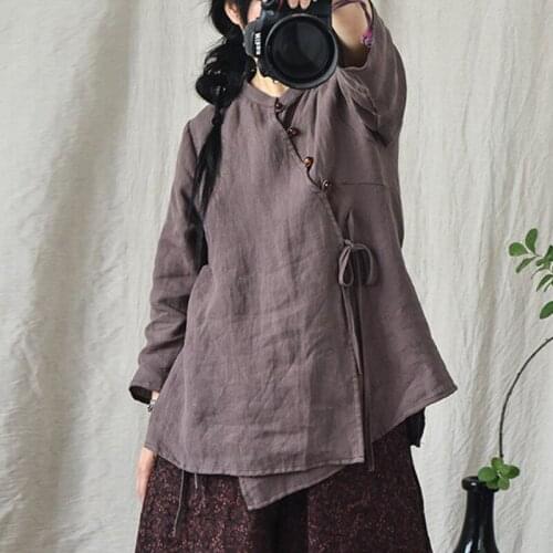 QPFJQD Ladies Chinese Style Linen Shirts Blet Tops Solid Color Spring Autumn Women Button Women Stand Collar Blouses Full Sleeve