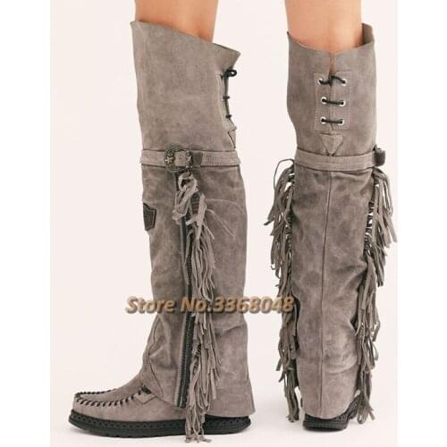 Fringe Flat With Over The Knee Boots Sewing Thread Suede Round Toe Gladiator Rome Boots Casual Winter Runway Shoes New Arrival