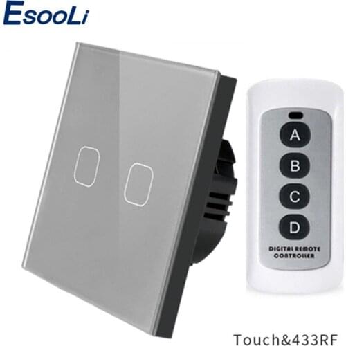 Esooli 1/2 Gang 1 Way Wireless Remote Control Touch Switch 4 Color LED light Wall Light Switch With Crystal Glass Panel