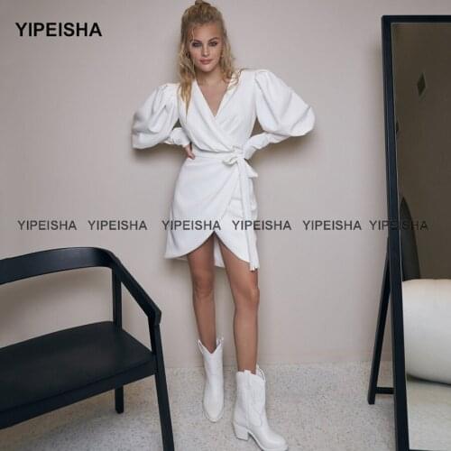 Yipeisha Mini Cocktail Party Dresses V-neck Long Sleeves Little White Dress Formal Sheath Short Prom Gown Vestido de Festa Curto