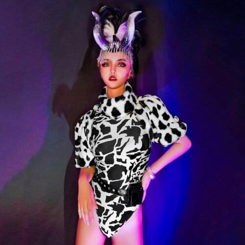 Nightclub Bar Gogo Dance Costume Cow Bodysuit Feather Headwear Female DJ Wear Rave Party Outfits Singer Stage Show Suit BL5017