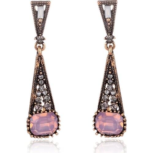 LUBOV Colorful Opal Stone Dangle Earrings Rhinestone Inlaid AntiGold Color Triangle Metal Drop Earrings Elegant Women Jewelry