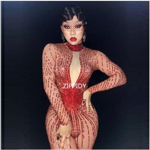 Fashion Red Rhinestones Rompers Costume Jumpsuit Womens Outfit Bodysuit Birthday Celebrate Wear Female Singer Wear