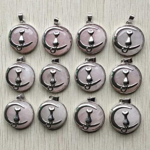 Fashion natural quartz stone pink moon cat metal alloy charms pendule Pendants for DIY jewelry marking wholesale 12pcs/lot