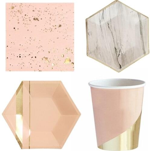 Gold Pink Marble Texture Tableware Plates Set Children Birthday Party Decoration 4 Sizes Newest