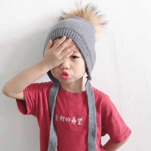 2019 New Children Winter Cap Soft Warm Wool Beanie Kids Knitted Hat Crochet Big Real Fur Pompom Hats Skullies