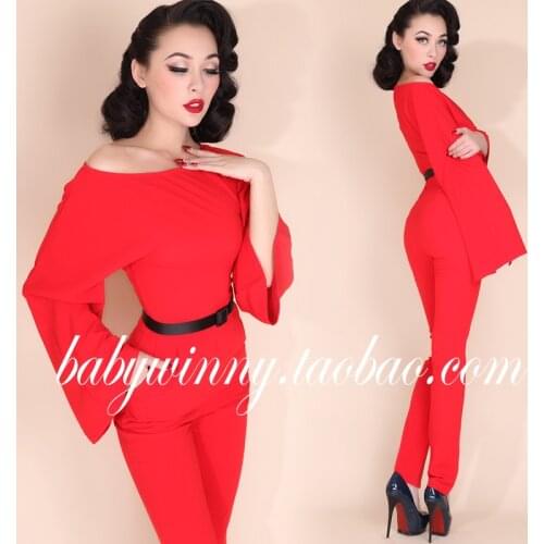 2015 Autumn New Free Shipping Red Long Rompers Womens Jumpsuit Elegant Overalls Designed Sleeve Polyester Nice Jumpsuits Overall
