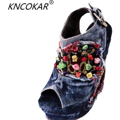 New sandals Ultra high wedge waterproof machine for water denim diamond fashion womens shoes embroidered folk