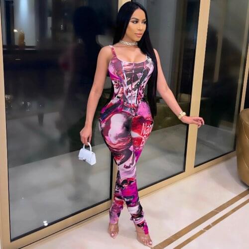 SUJYing New Fashion Digital Printing Sleeveless Sexy Suspender Long Sleeve Jumpsuit