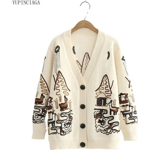 Korean Style V-neck Single-breasted Knitted Cardigans Sweater Womens Coat 2020 Autumn Winter New Embroidery Long Sleeve Top