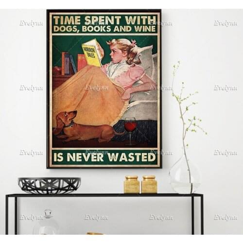 Girl Love Dachshund Dog Book And Wine Poster Time Spent With Dogs Books And Wine Wall Art Prints Home Decor Canvas FloatingFrame