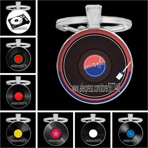 Retro CD Record Keychain Disc Classic Music Gramophone Record Glass Cabochon Key Chain for Music Lover
