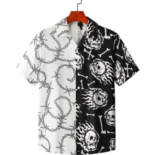Streetwear Men Skull Chain Printed Patchwork Shirts Summer Short Sleeve Hawaiian Casual Shirts Hip Hop Fashion Harajuku Shirts