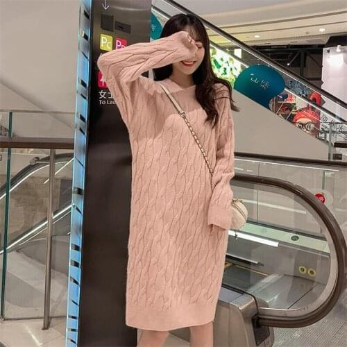 Sweater skirt female 2020 autumn and winter new twist sleeves over the knee long solid color long-sleeved loose knit dress