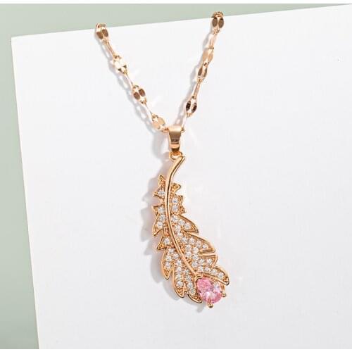 New Fashion Elegant Zircon Crystal Feather Pendant Women Necklaces Female No Fade Stainless Steel Wedding Party Jewelry Gift