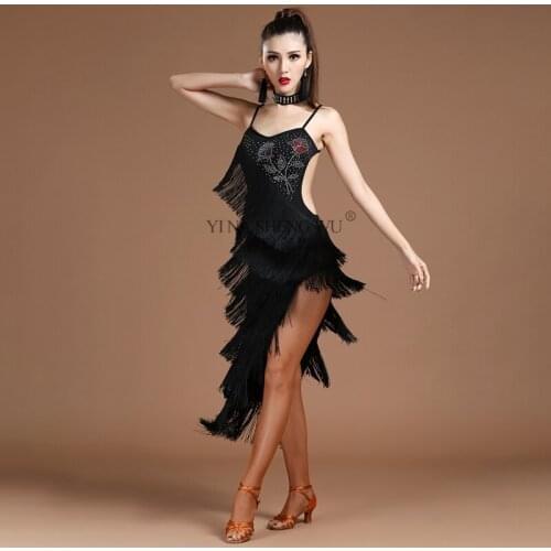 Black Latin Dance Wear Women Salsa Samba Clothes Rhinestone Sling Backless Dress Sexy Latin Dance Competition Tassel Long Dress
